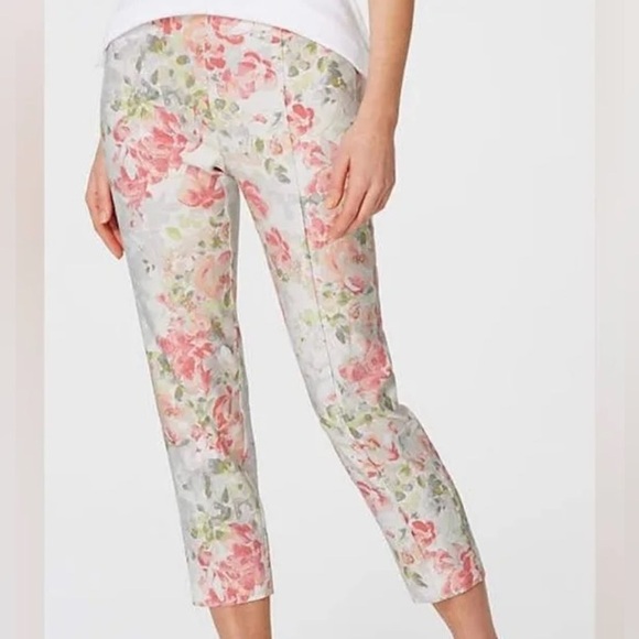 J.Jill EUC Pull on pants cream & rose pink floral linen Medium petite,90s look - Picture 1 of 5